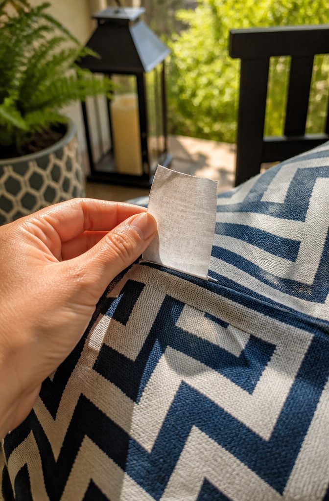 A hand holding a patio cushion with its care label visible.