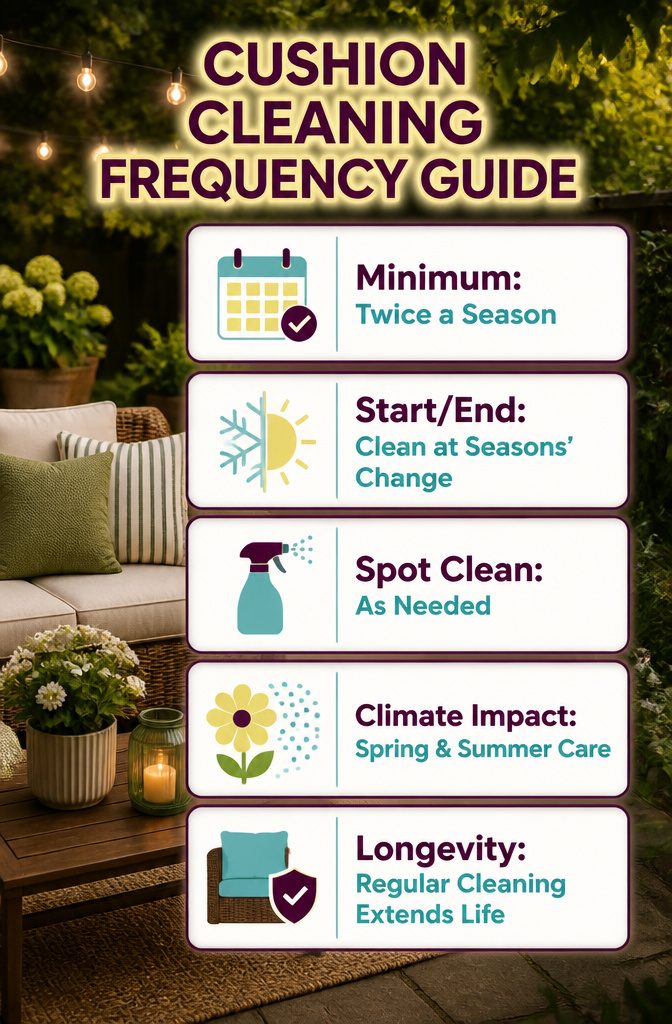 A frequency guide for cleaning outdoor cushions throughout the season.