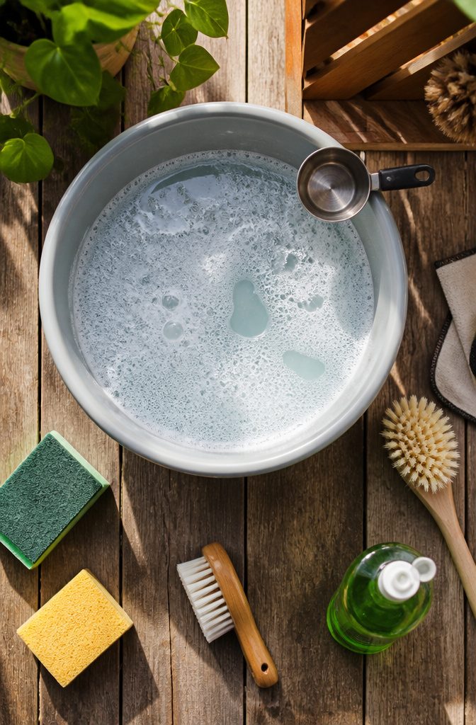 A bucket filled with warm water and OxiClean for cleaning.
