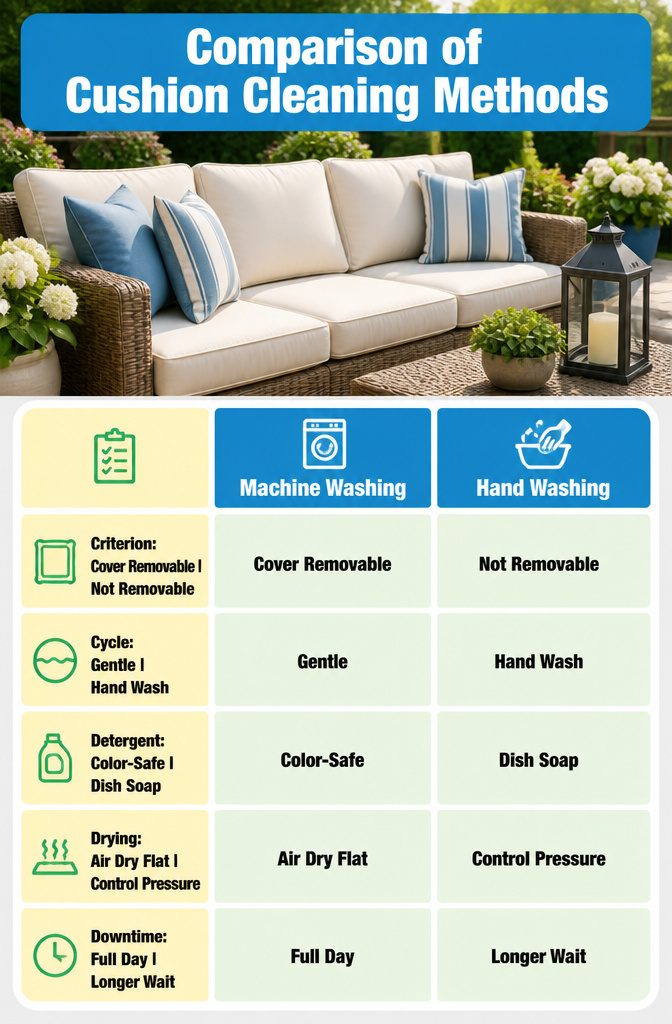 A chart comparing methods for cleaning patio cushions.