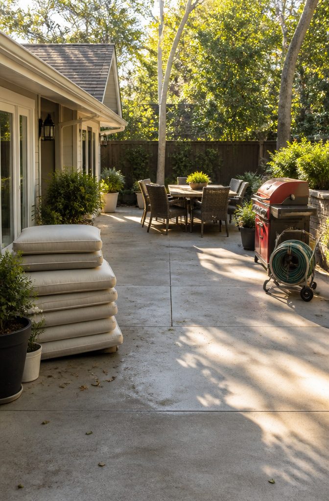A patio or driveway prepared for washing patio cushions.
