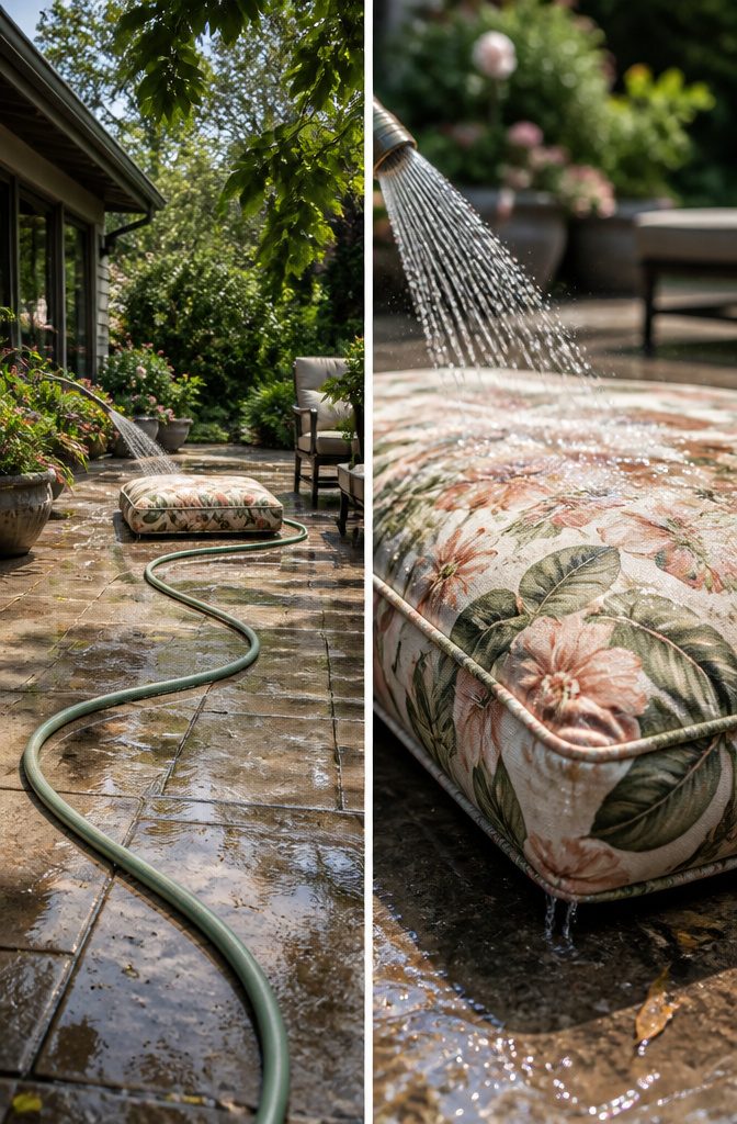 A garden hose spraying water to rinse a patio cushion.