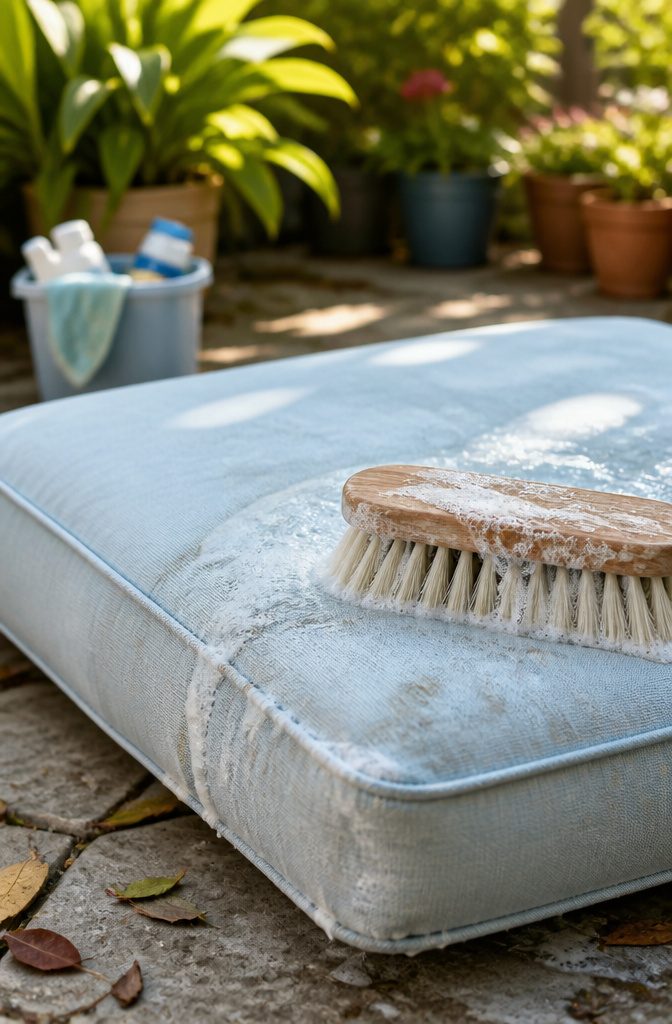 A brush being used to scrub a patio cushion with cleaning solution.