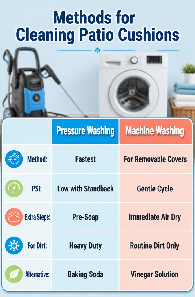 A guide detailing six methods for cleaning patio cushions.