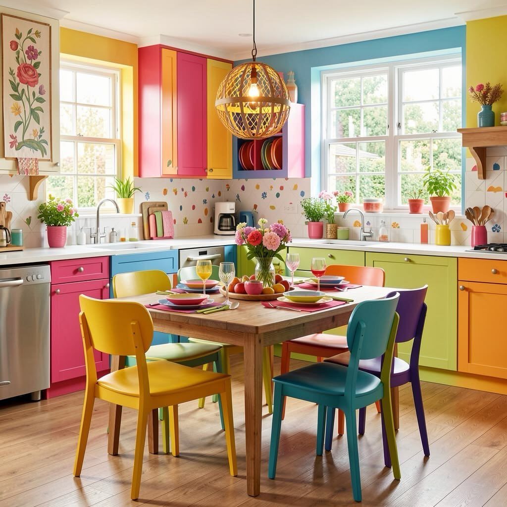 Colorful kitchen with vibrant pink, yellow, and blue cabinets and matching dining chairs.