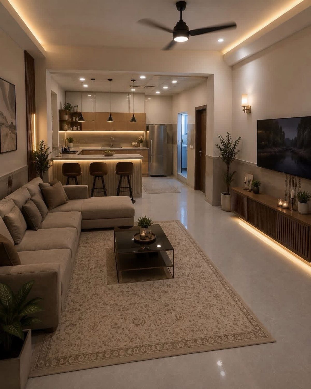 Open-concept living room and kitchen with a beige sectional and modern breakfast bar.