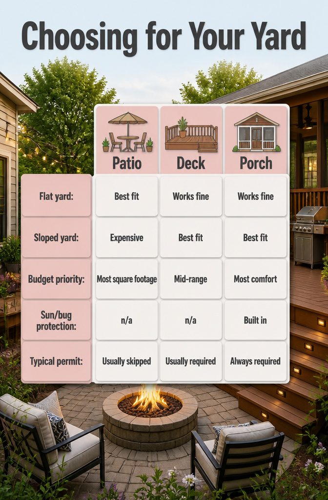 Deck vs Porch vs Patio: 7 Key Differences for Your Yard (2026) 8 Guidelines for selecting between deck, porch, and patio.
