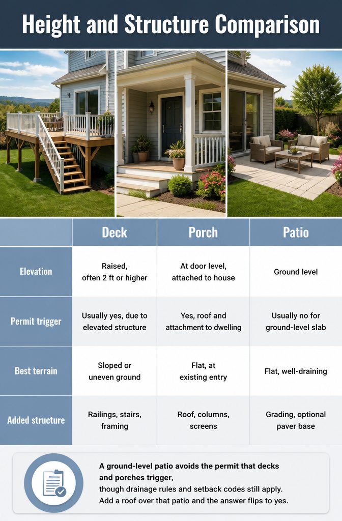 Deck vs Porch vs Patio: 7 Key Differences for Your Yard (2026) 2 Height comparison chart for deck, porch, and patio.