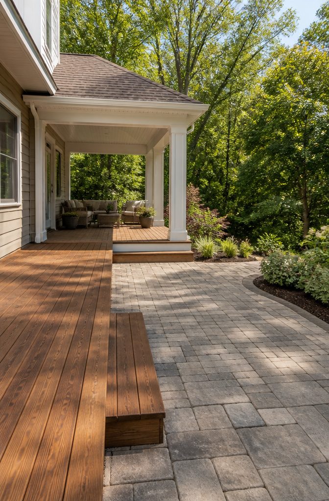 Deck vs Porch vs Patio: 7 Key Differences for Your Yard (2026) 3 Contrasting materials of a deck, porch, and patio displayed together.