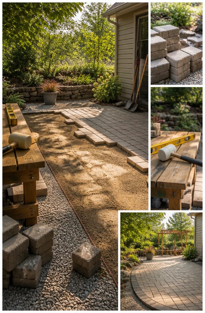 Deck vs Porch vs Patio: 7 Key Differences for Your Yard (2026) 10 Concrete paver patio setup showing interlocking stones on the ground.