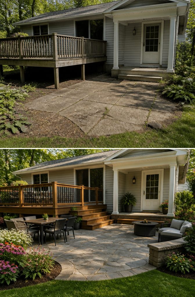 Deck vs Porch vs Patio: 7 Key Differences for Your Yard (2026) 1 Comparison image showing a deck, porch, and patio in a yard.