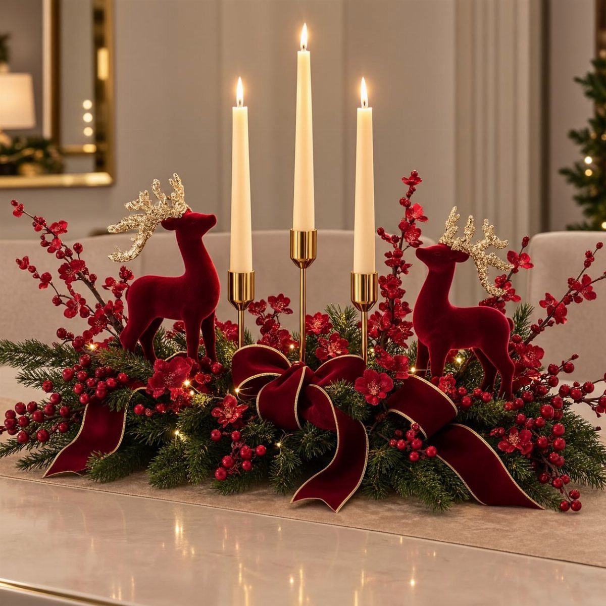Three lit white taper candles surrounded by red velvet reindeer and festive greenery.