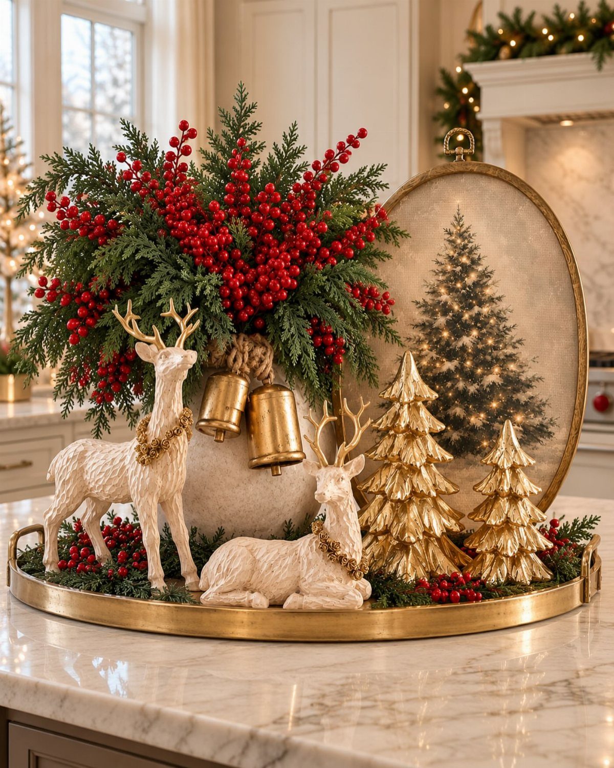 Christmas centerpiece with red berries, white deer, and gold trees on a gold tray.