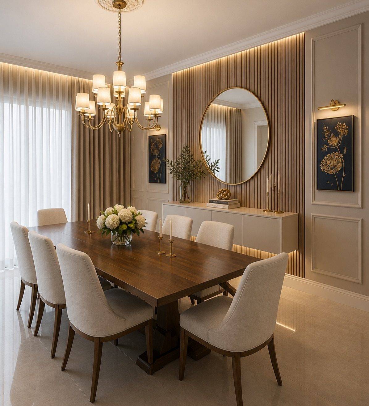 Wooden dining table and white floating sideboard with a round mirror and gold chandelier.