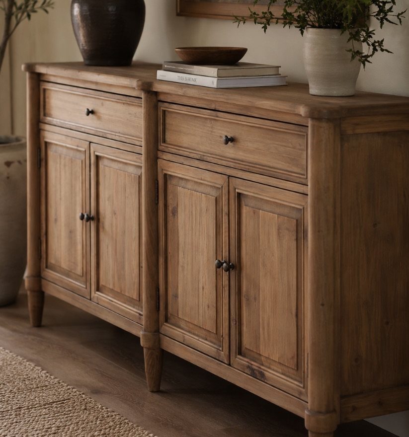 Long wooden dining sideboard with drawers and cabinets styled with vases and books.