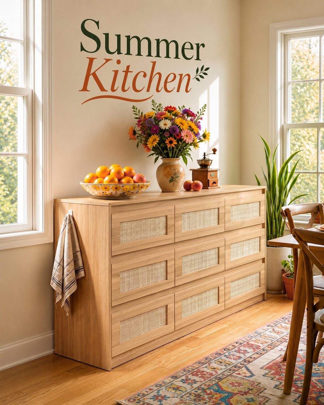Light wooden sideboard with woven cane drawers, topped with flowers and fruit bowl.