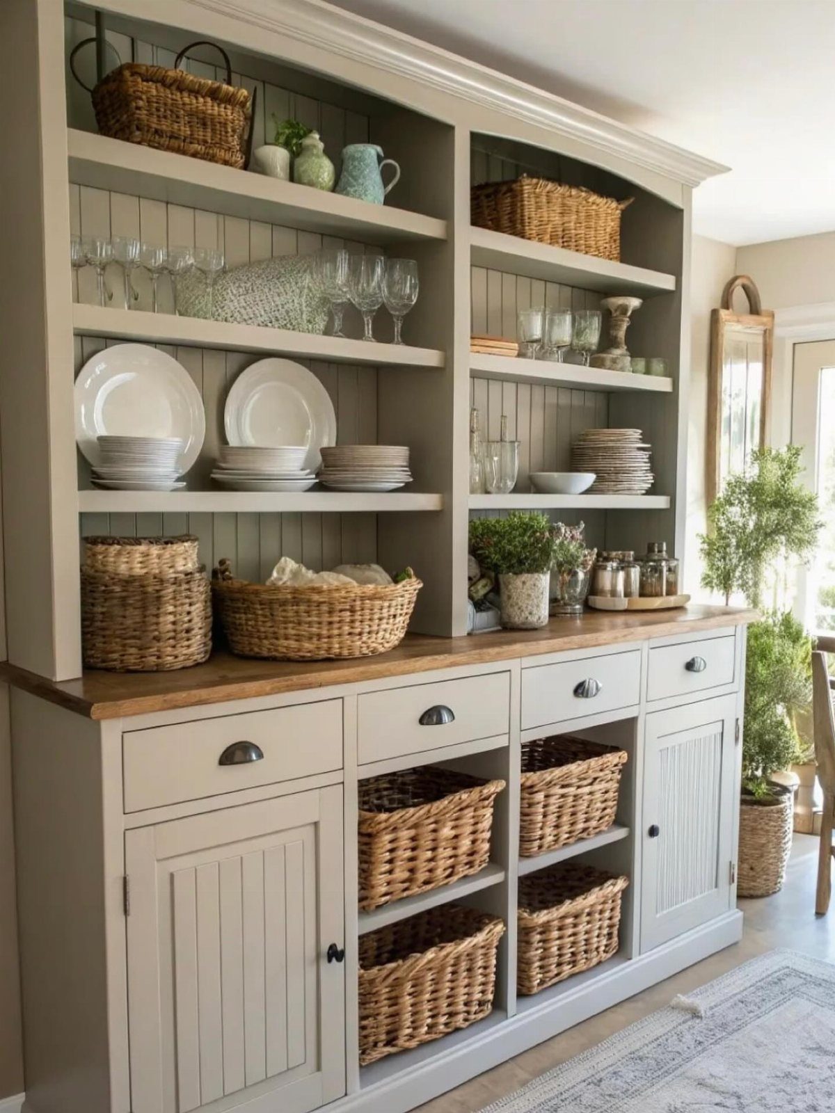 12 Dining Room Decor Hutch Ideas, From Farmhouse to Japandi 8 Light grey hutch with open shelves and closed lower cabinets storing wicker baskets.