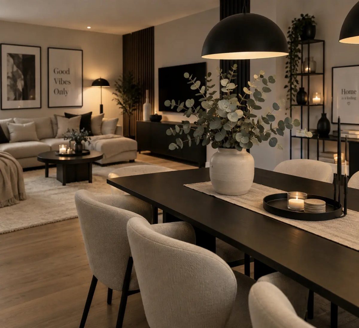 Black dining table and pendant lights in a modern neutral toned living space.
