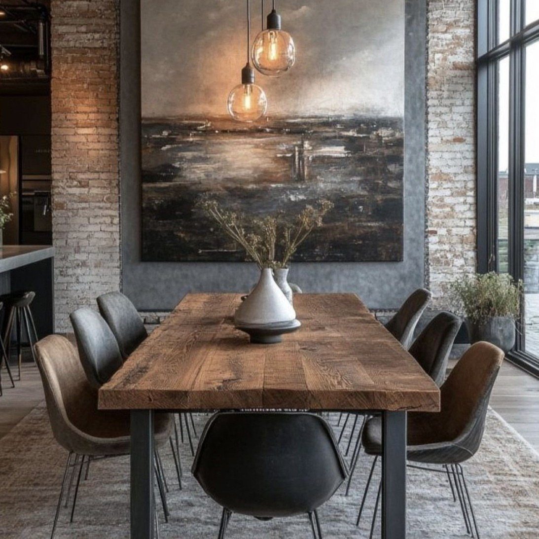 Rustic wooden dining table with grey chairs against a dark charcoal grey wall.