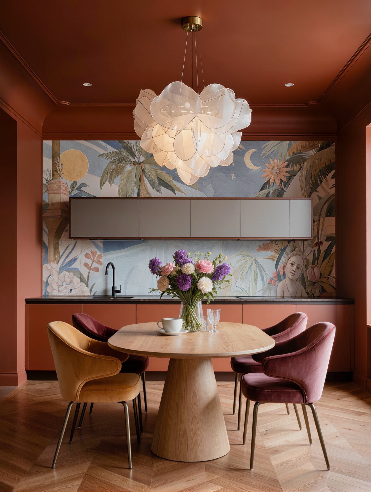 Dining room with red-brown walls, round wooden table, and colorful velvet chairs.
