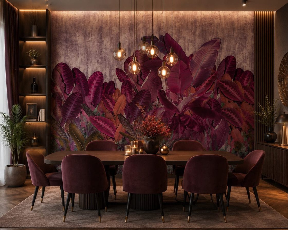 Dark purple botanical wallpaper behind a wooden dining table with velvet chairs.