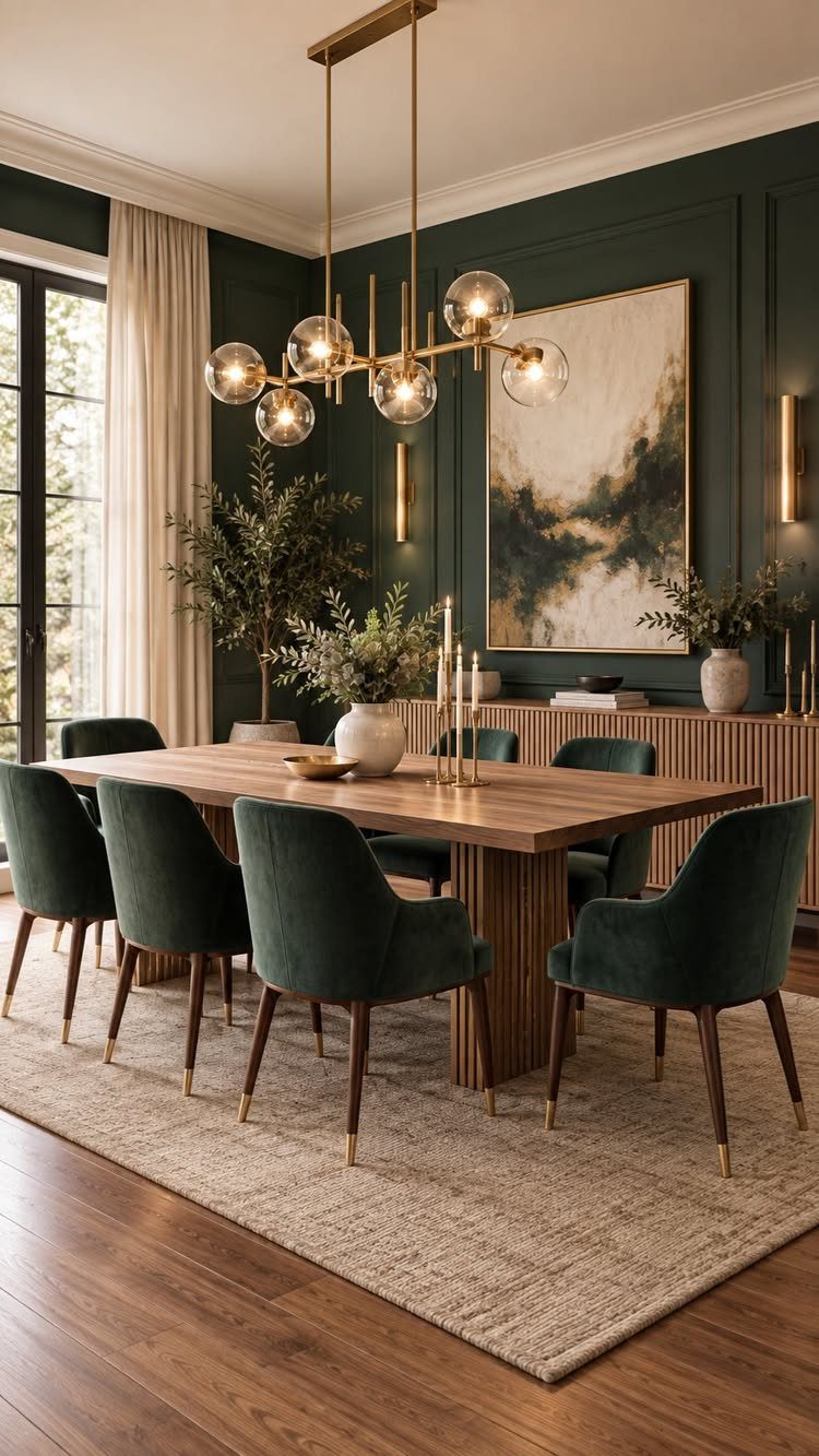 Dining room with deep green walls, a natural wood table, and green velvet chairs.