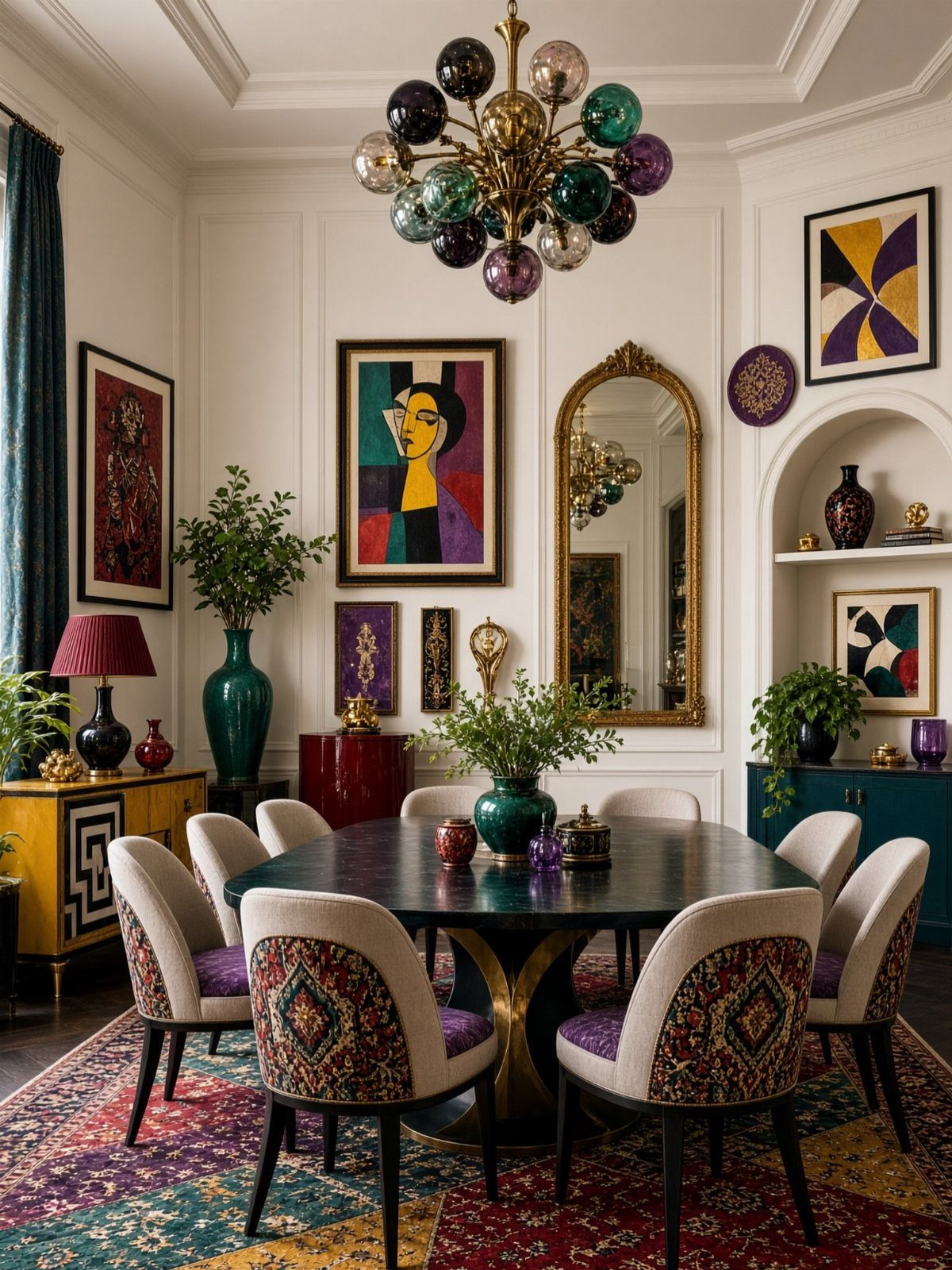 Green vase centerpiece on a dark round dining table in an eclectic room.