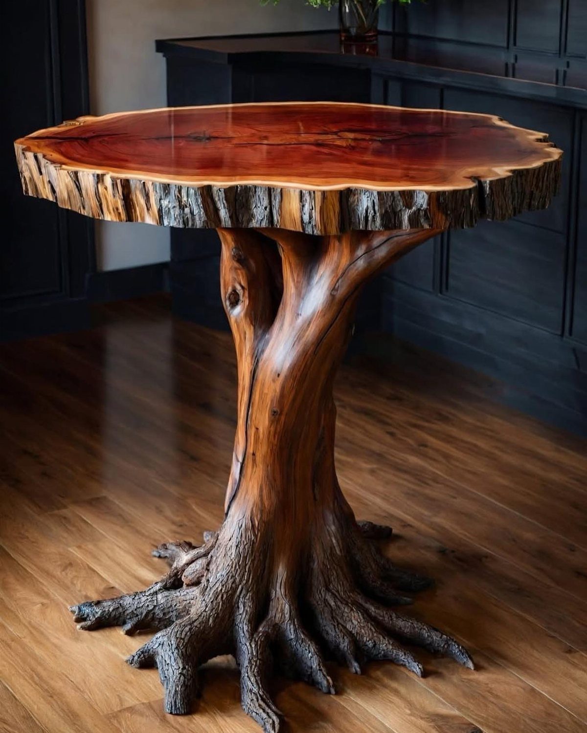 Natural wood dining table with live-edge top and tree trunk base in dark room