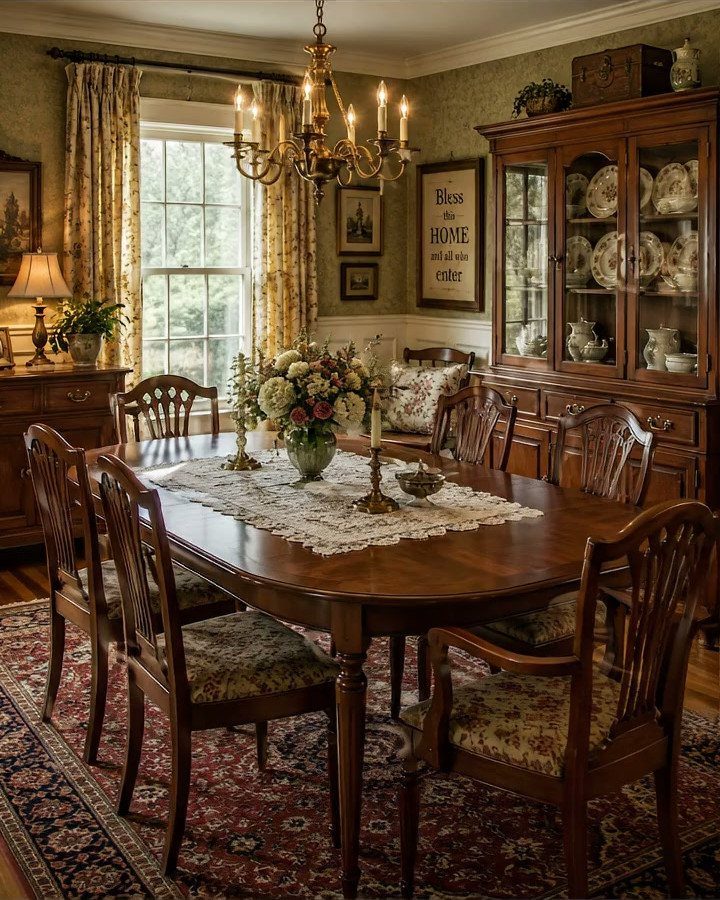 Traditional dining room with dark wood furniture, gold chandelier, and vintage patterned rug.