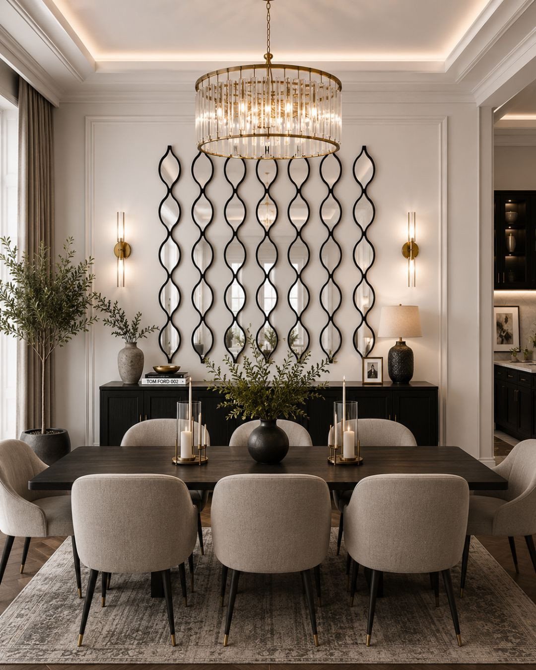 Dining room with a large wall installation of oval mirrors and a gold chandelier.