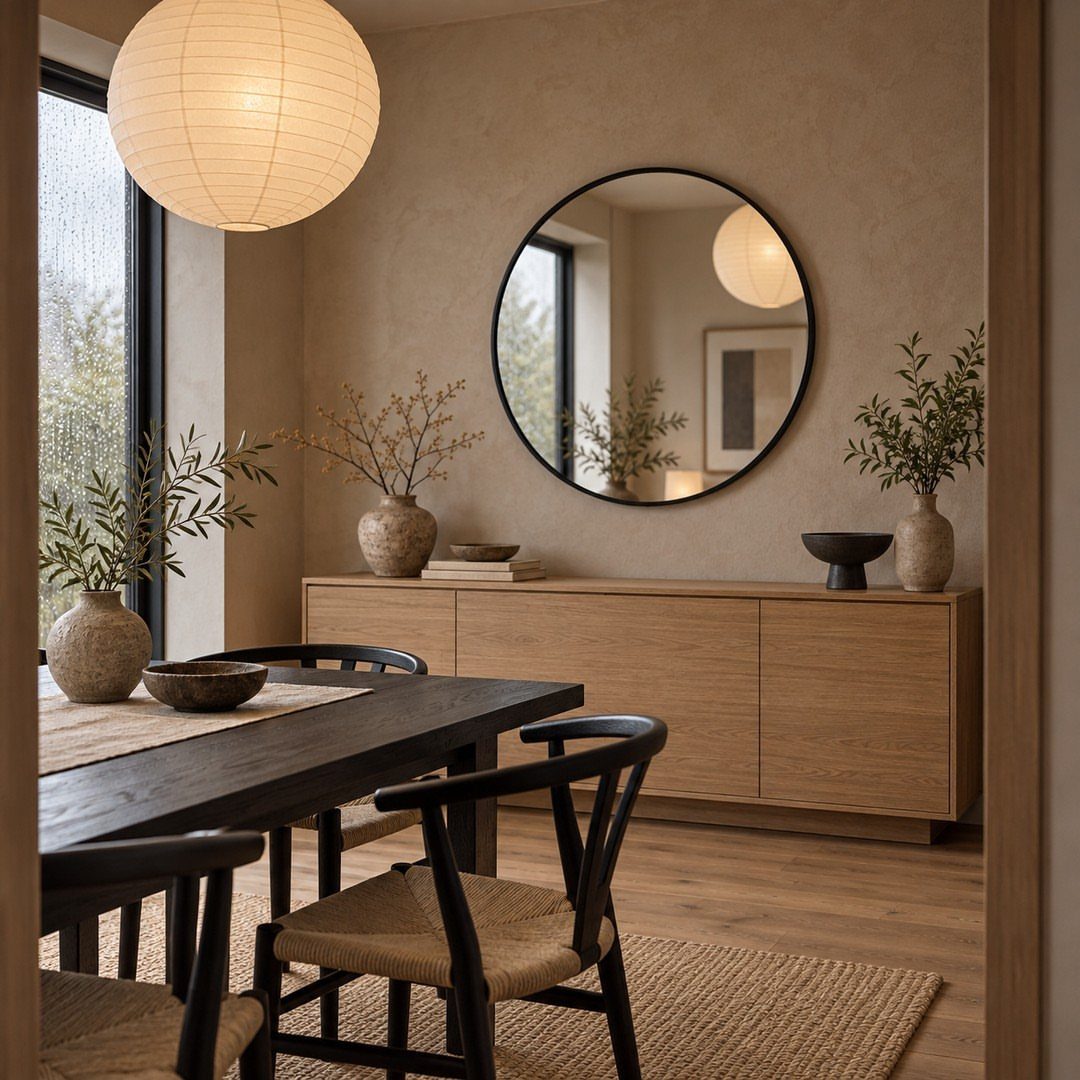 Round black-framed mirror hanging above a light wood console table in a dining room.