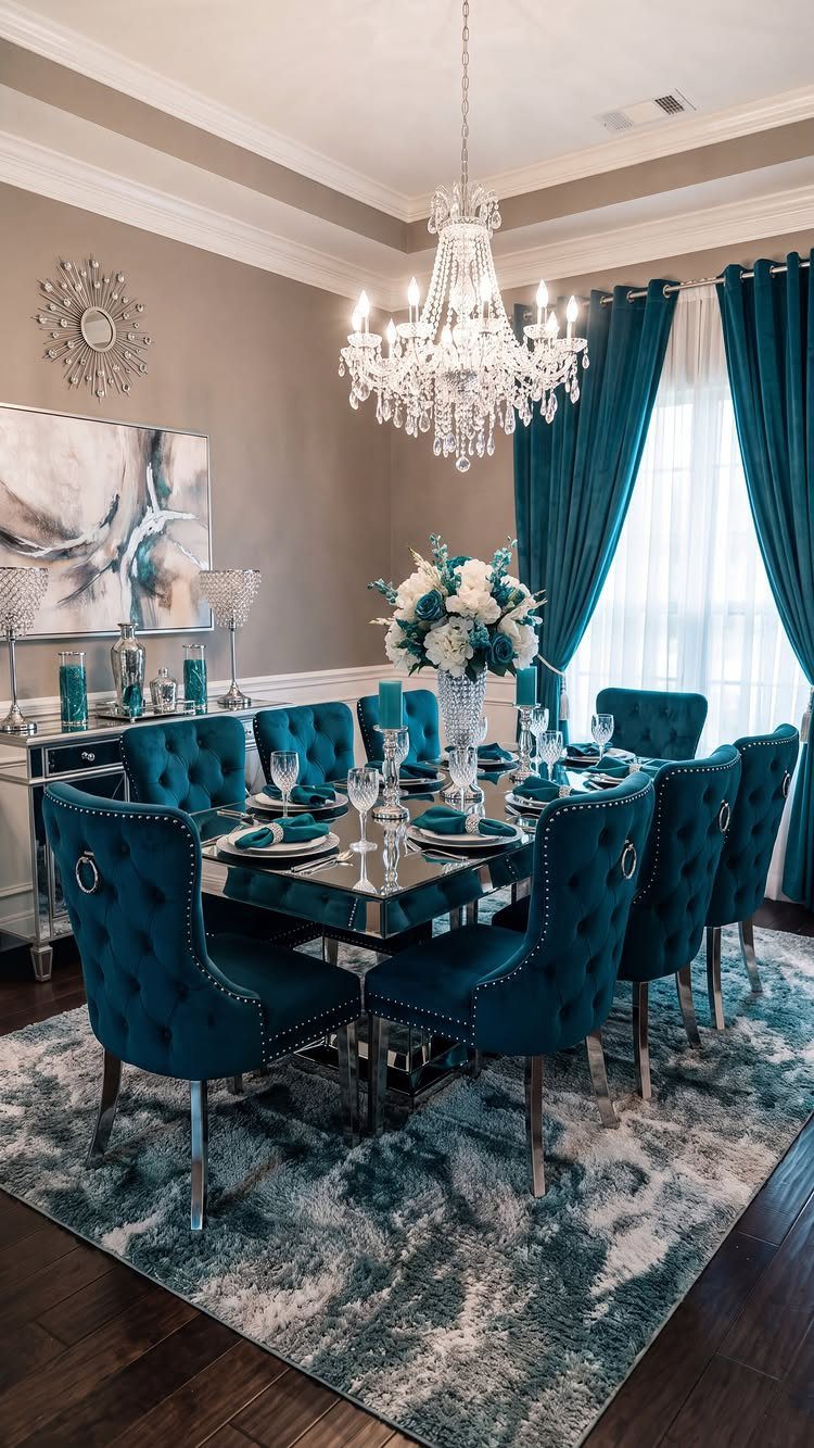 Dining room with teal velvet chairs, mirrored table, and sunburst wall mirror.