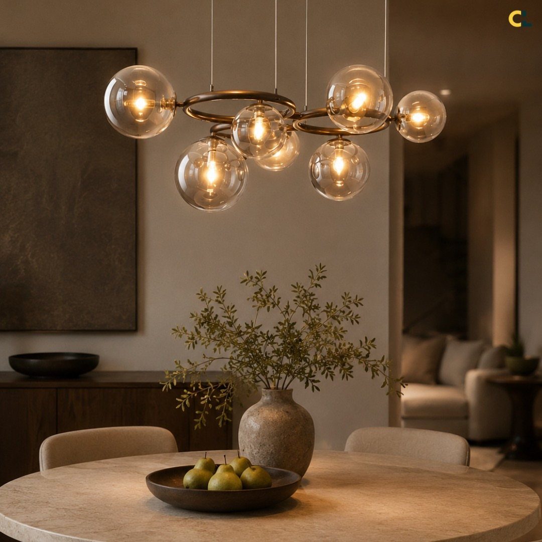 Sculptural gold chandelier with glowing glass globes hanging over a round stone dining table
