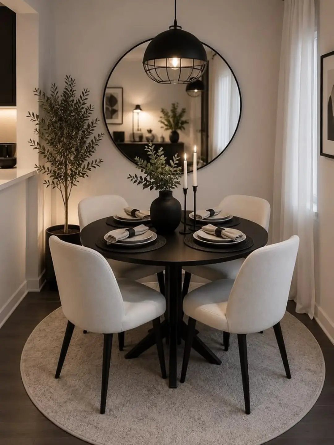 Round black dining table with white chairs and a large circular wall mirror.