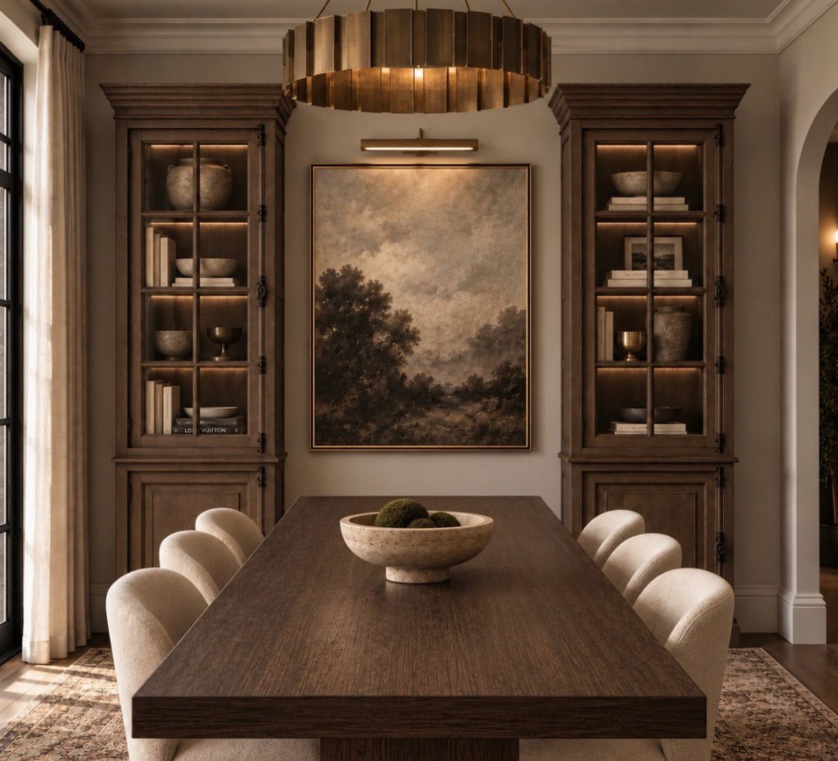 Dining Room Side Cabinet Designs with 18 Stylish Options 8 Two tall wood glass-door cabinets flanking a painting in a dining room.