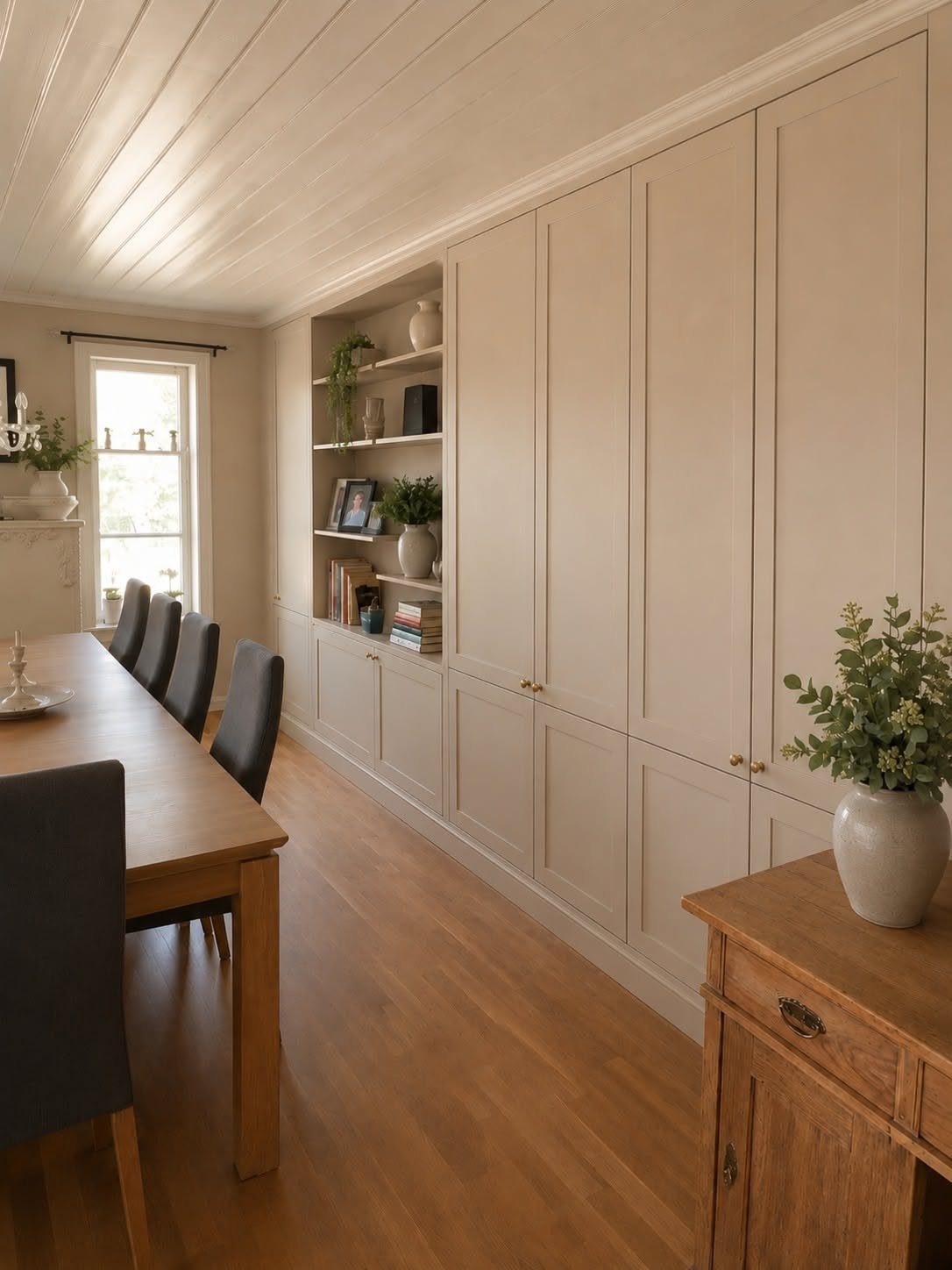 Dining Room Side Cabinet Designs with 18 Stylish Options 9 Cream floor-to-ceiling built-in cabinets in a dining room with a wooden table.