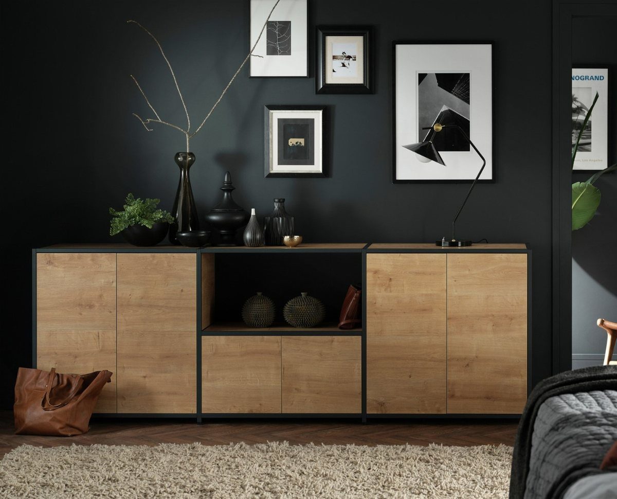 Dining Room Side Cabinet Designs with 18 Stylish Options 13 Light wood modular sideboard with black frames against a dark charcoal wall.