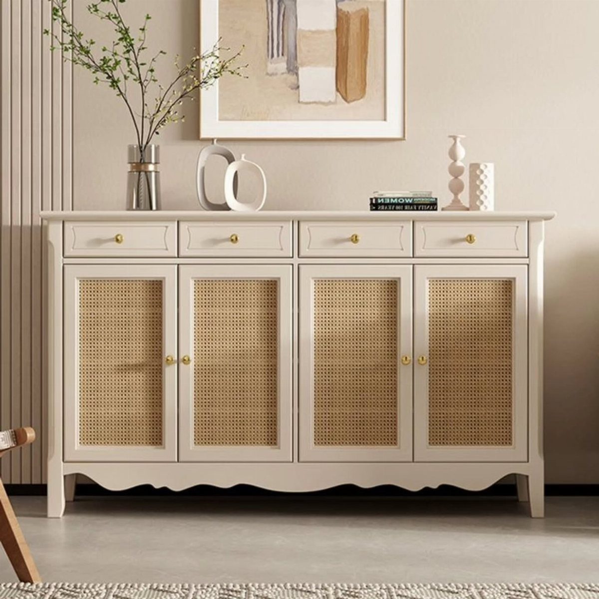 Dining Room Side Cabinet Designs with 18 Stylish Options 10 White sideboard with woven rattan doors and drawers in a neutral modern room