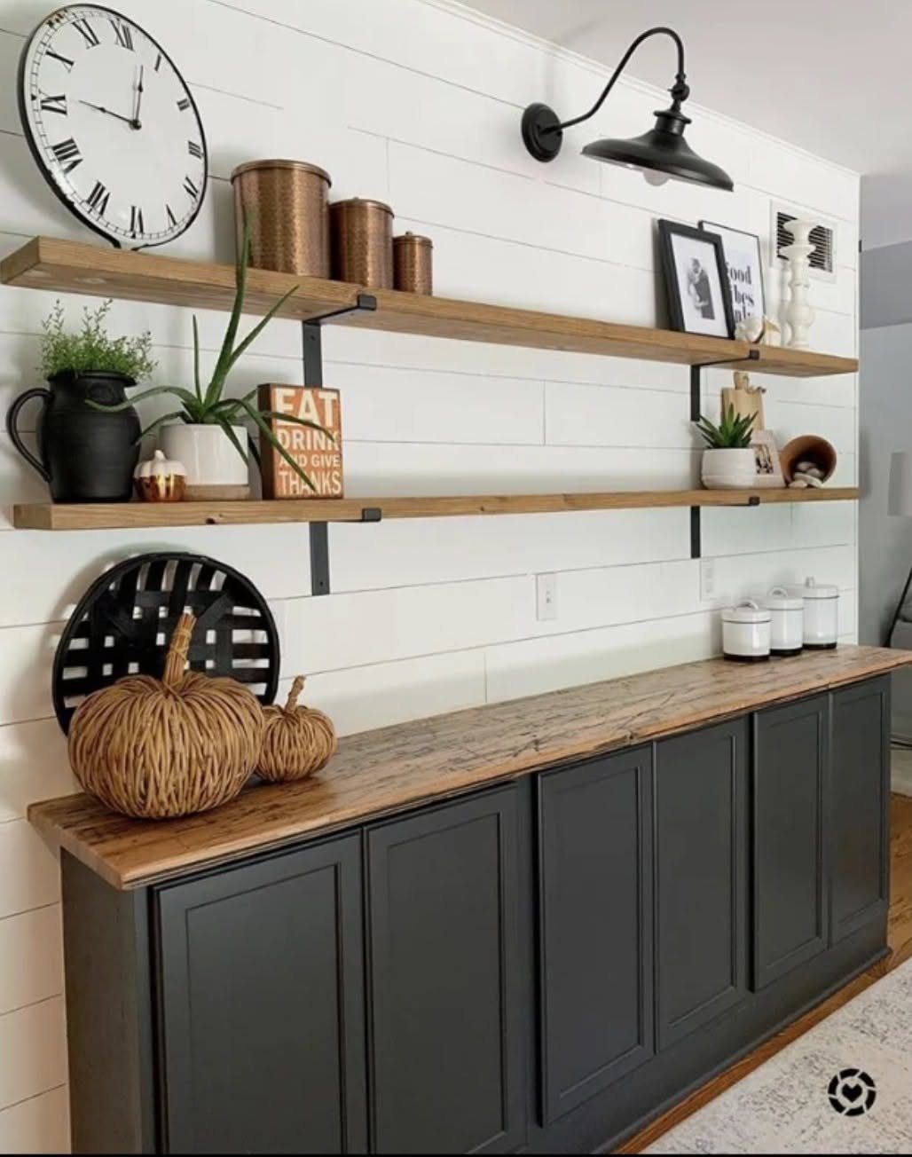 Dining Room Side Cabinet Designs with 18 Stylish Options 15 Dark grey sideboard with wood top and floating wooden shelves on shiplap wall