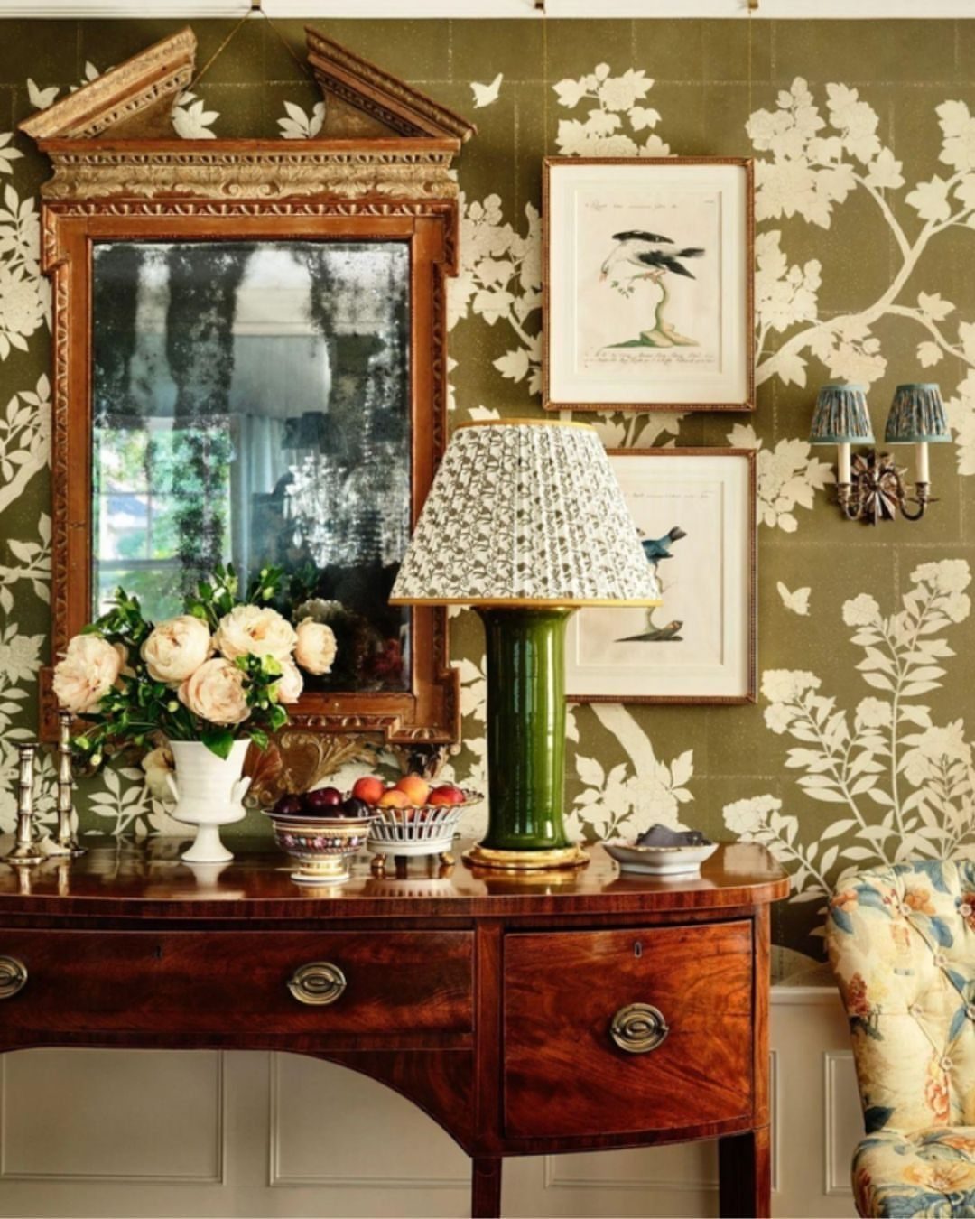 Dining Room Side Cabinet Designs with 18 Stylish Options 11 Traditional dark wood sideboard with ornate mirror and green lamp against floral wallpaper