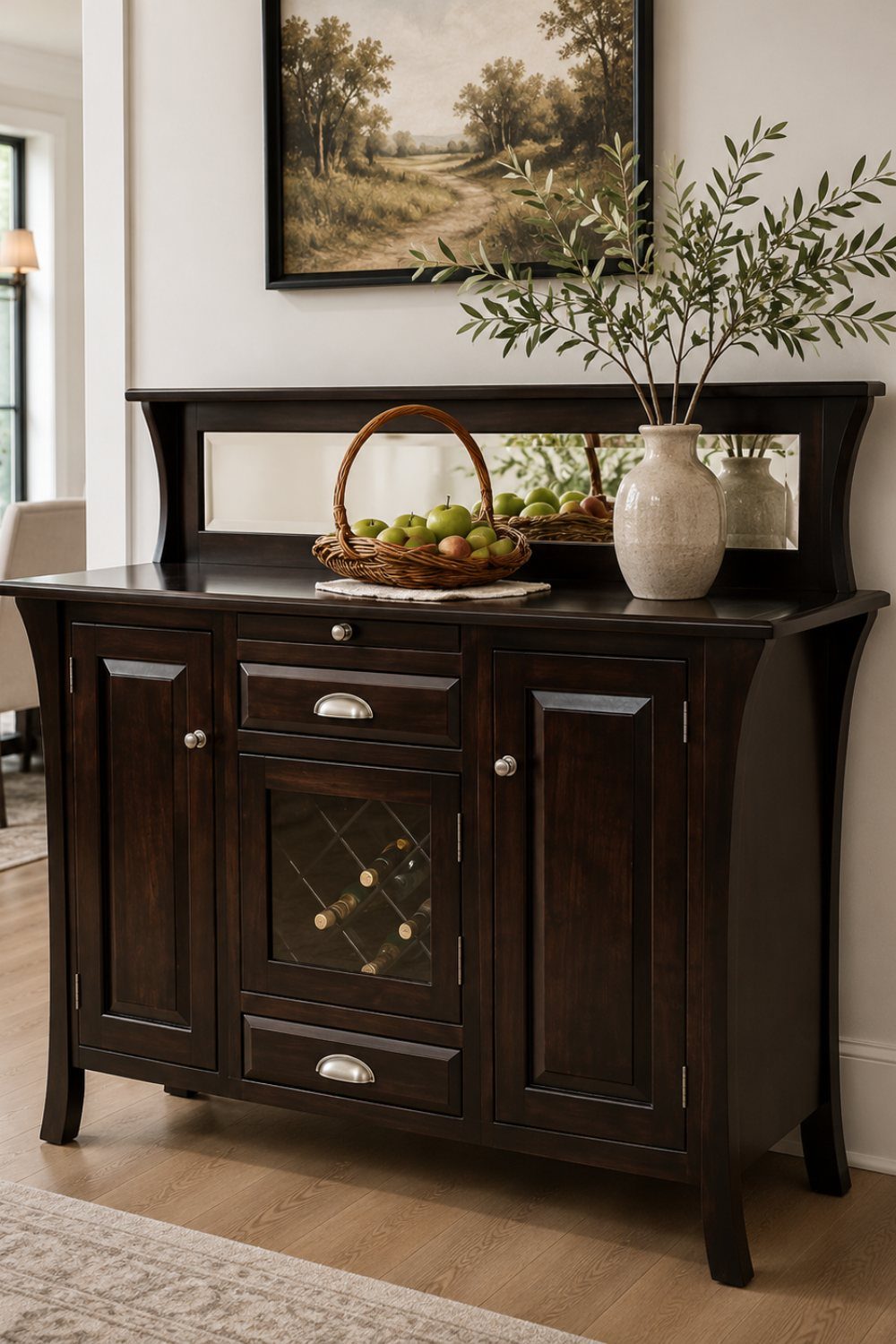 Dining Room Side Cabinet Designs with 18 Stylish Options 12 Dark brown wooden sideboard with a central glass wine rack and mirrored backsplash.