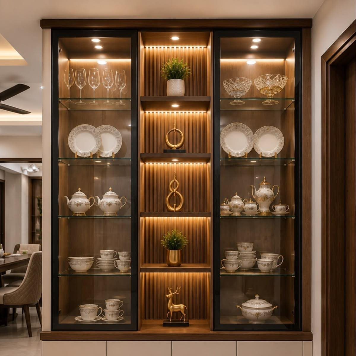 Dining Room Side Cabinet Designs with 18 Stylish Options 6 Built-in dining cabinet with black glass doors and central wooden shelving with lighting