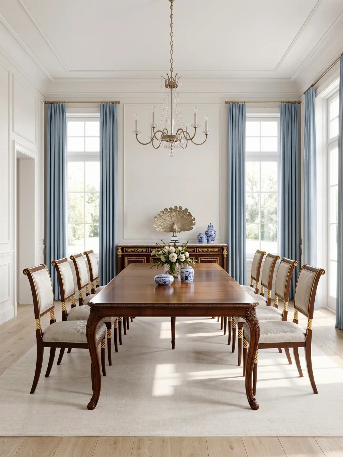 Formal dining room with a long wooden table and upholstered cream dining chairs.