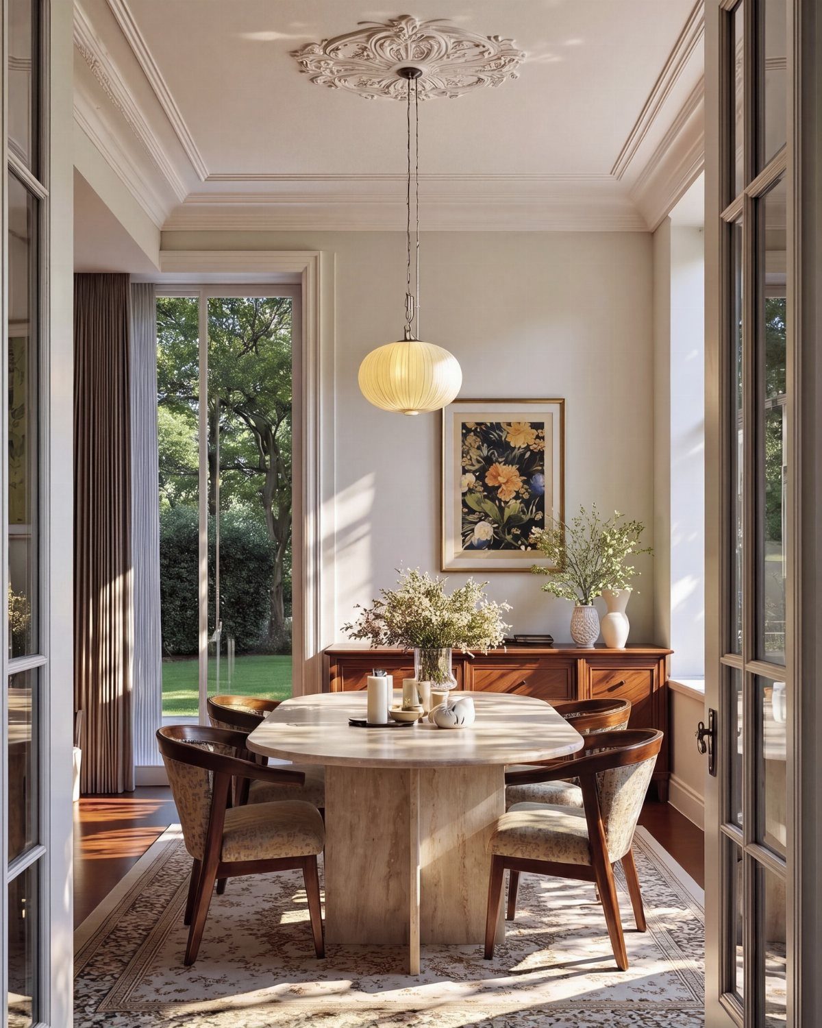 Oval dining table with four upholstered chairs in a sunlit, elegant dining room.