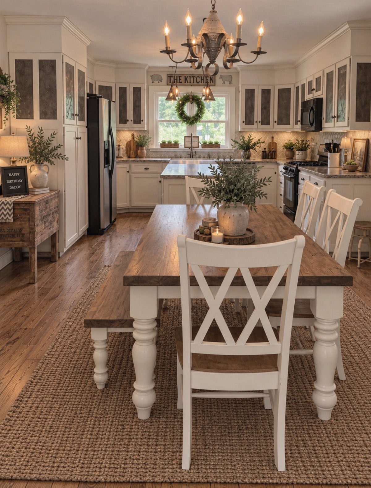 Rustic farmhouse dining set with wooden table, white X-back chairs, and a bench.