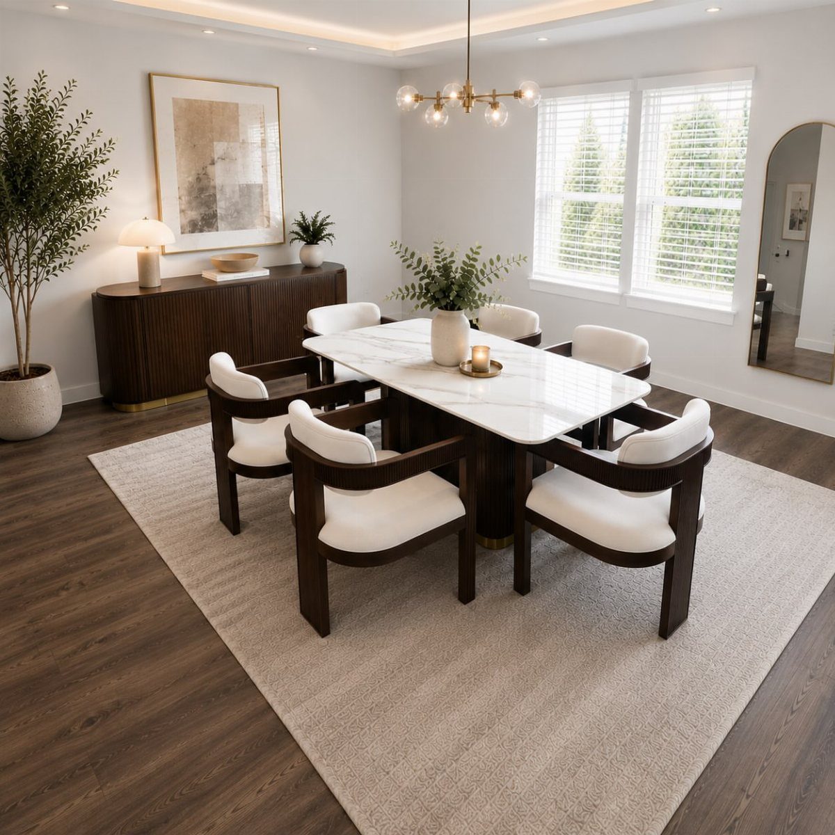White marble dining table with contemporary white and dark wood chairs in bright room