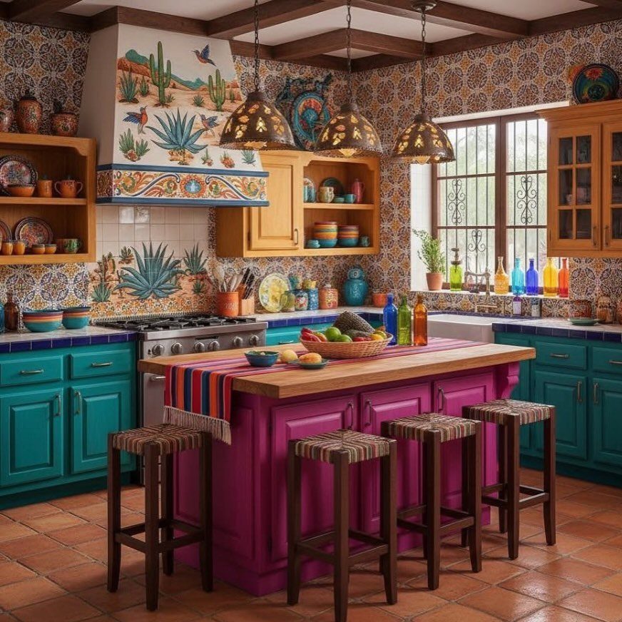 Purple kitchen island with a light wood countertop and three wooden stools.
