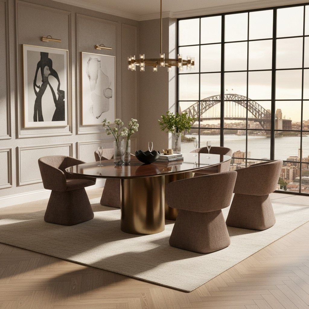 Fabric Chairs Dining Ideas: 32 Styles, Colors, and Frames 28 Brown fabric dining chairs around a gold oval table in a modern room.
