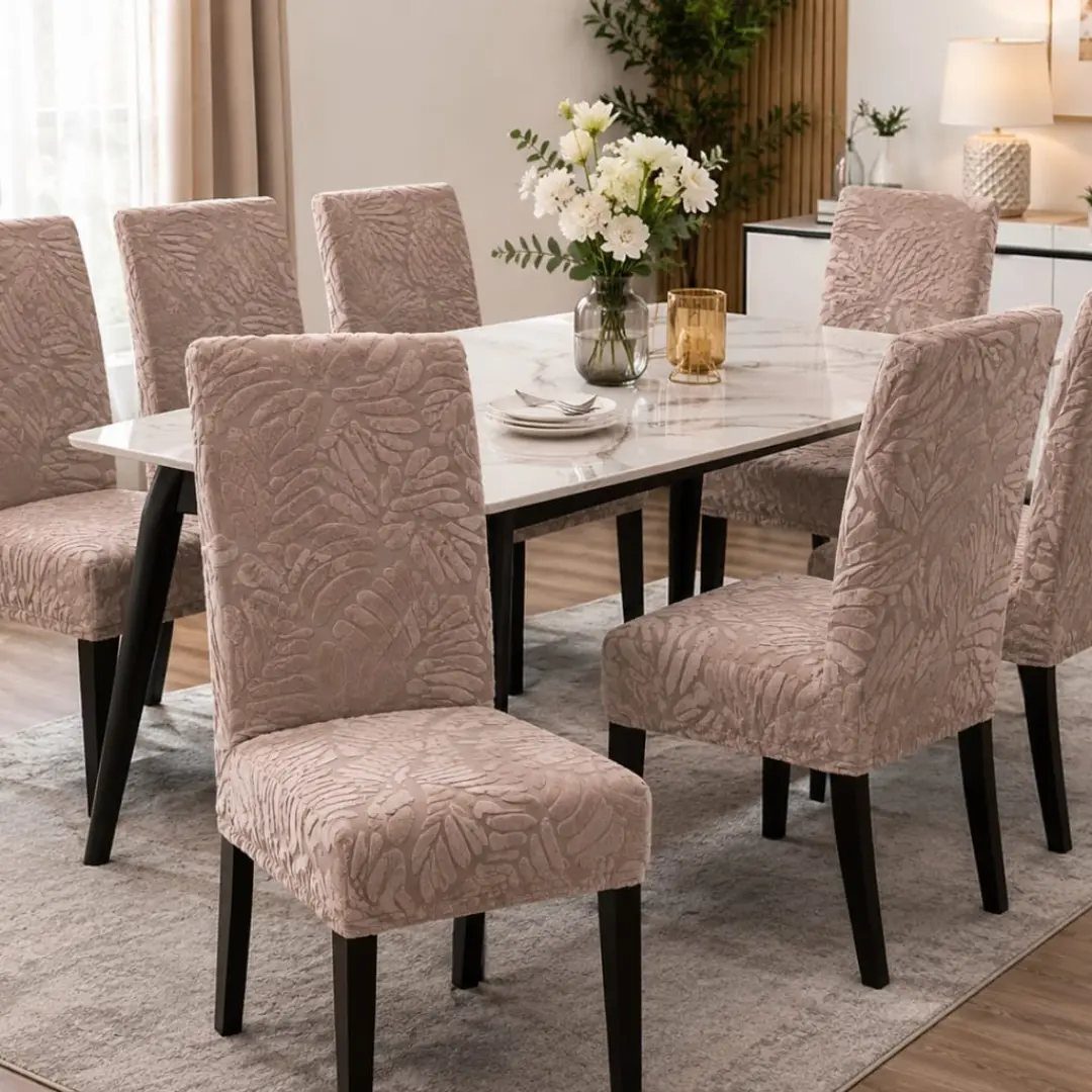 Fabric Chairs Dining Ideas: 32 Styles, Colors, and Frames 1 Beige textured fabric cushioned dining chairs around a white marble dining table.