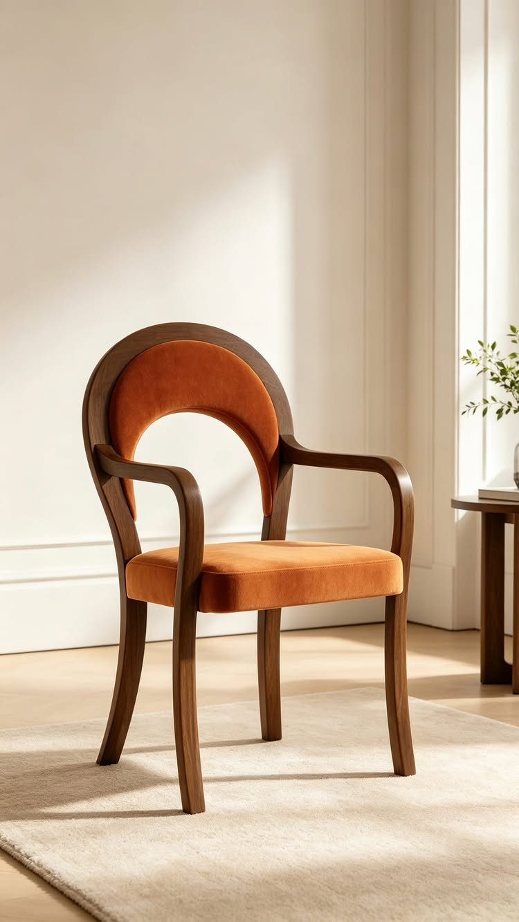 Fabric Chairs Dining Ideas: 32 Styles, Colors, and Frames 15 Orange fabric armchair with a curved wooden frame in a bright room.